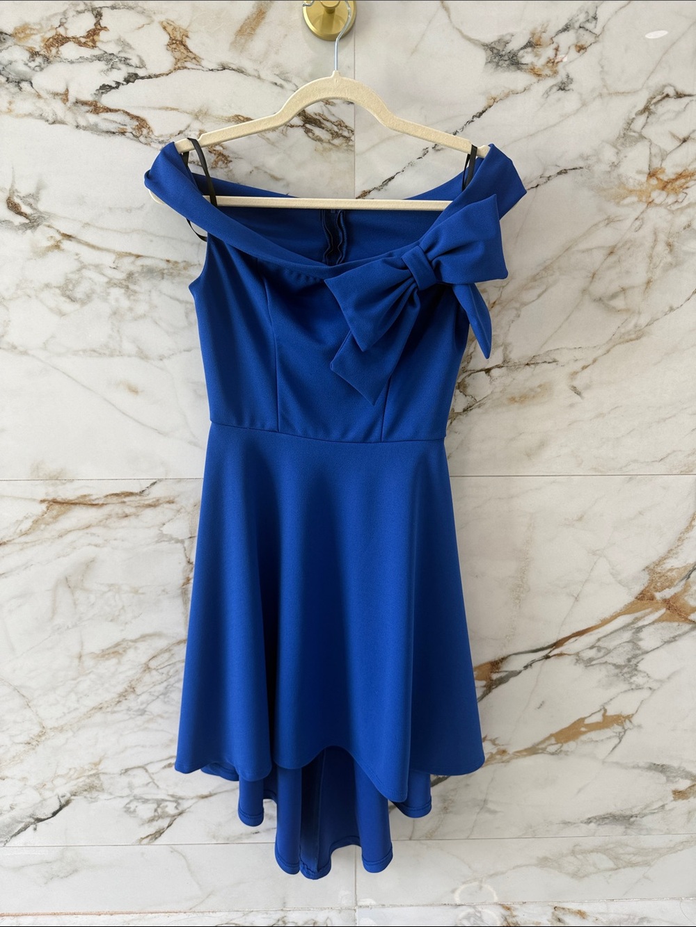 B Darlin Royal Blue Off-Shoulder High-Low Dress with Side Bow Accent